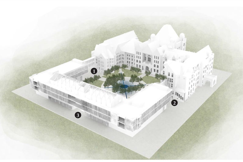 A aerial perspective rendering of a modern building addition infront of an older, larger palace.