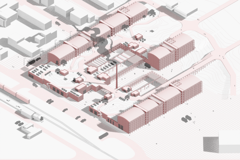 architectural rendering, overhead view of a condominium complex