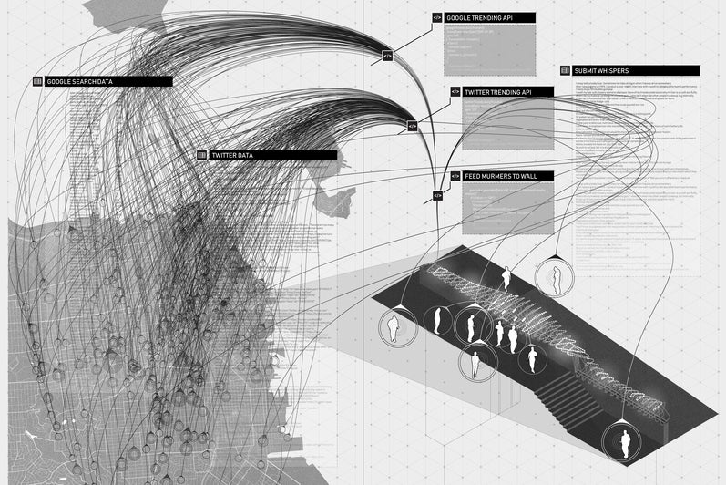 A black and white digital data map of San Francisco's web activity