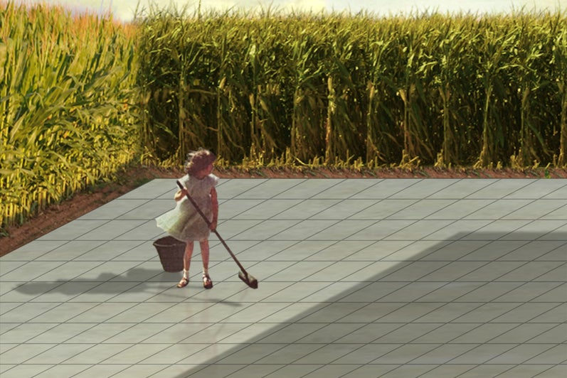 Rendering of girl sweeping tile patio by a cornfield