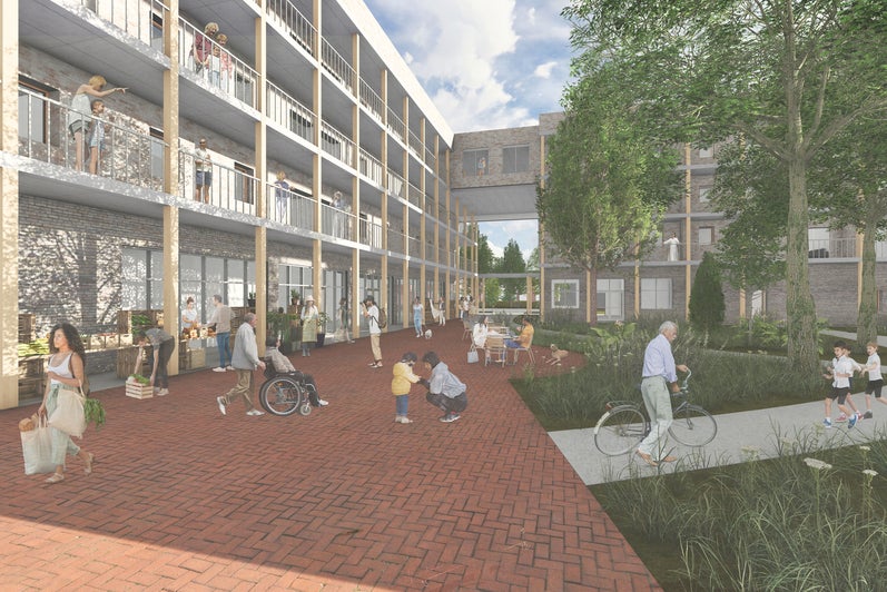 and outdoor market in the courtyard of a four story building