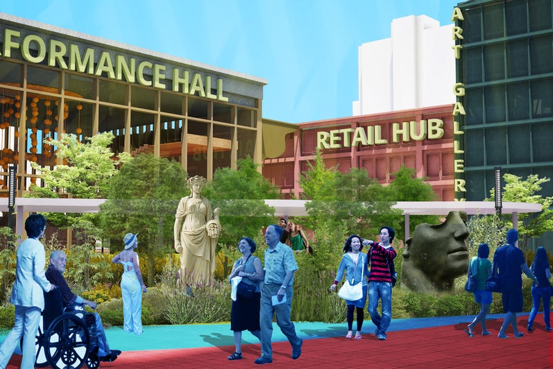 illustration of people interacting in a outside of a shopping centre