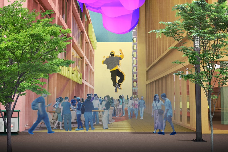 illustration of people interacting in a outside of a shopping centre