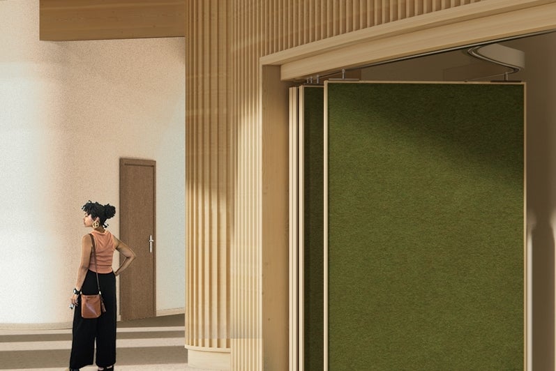 architectural rendering of a building interior depicting a hall way with a green door