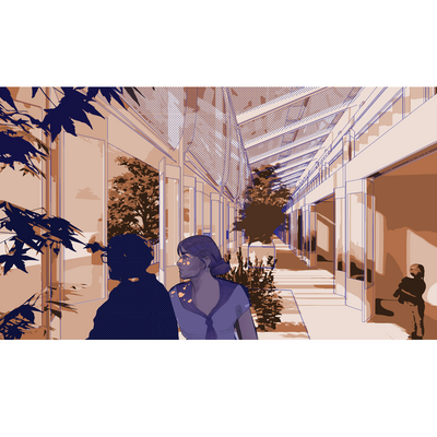 illustration of people in an indoor outdoor greenhouse space 