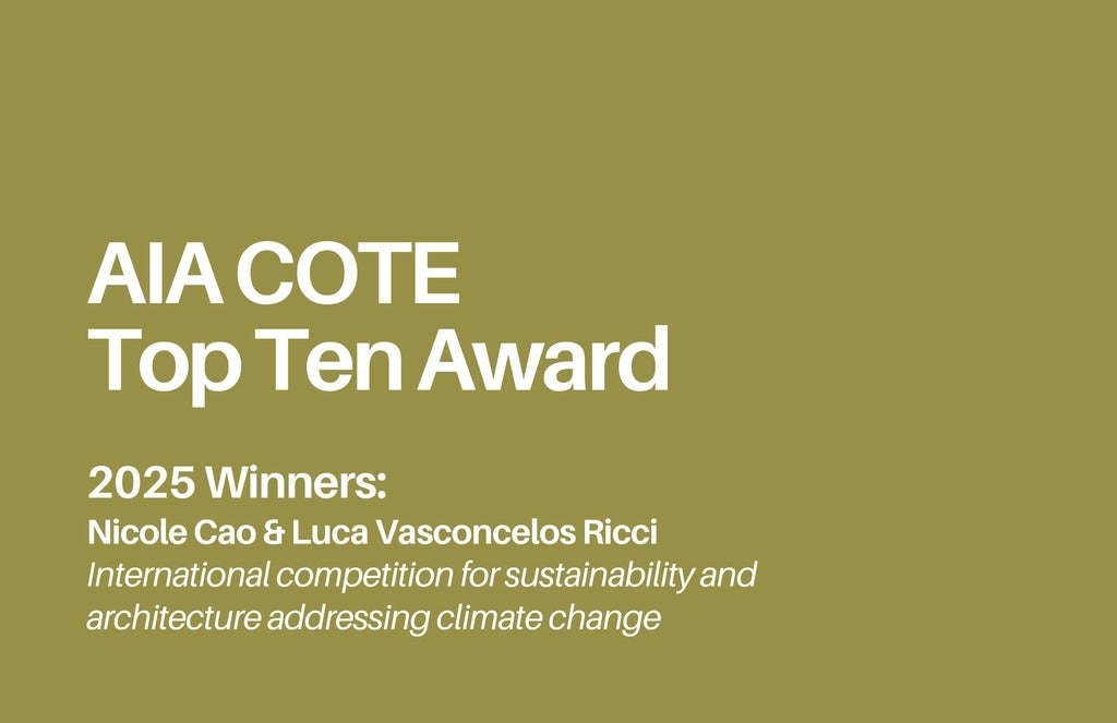 AIA Cote award description and recipient names in off white text on an olive green background