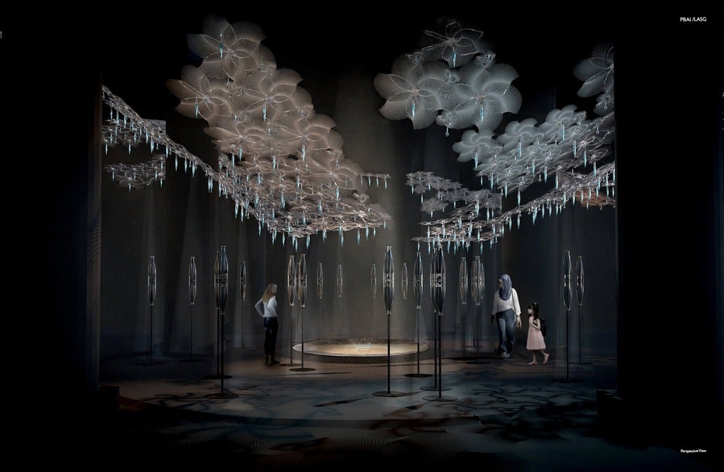 An undulating canopy hovers above a projection pool enclosed by a forest of speaker columns 