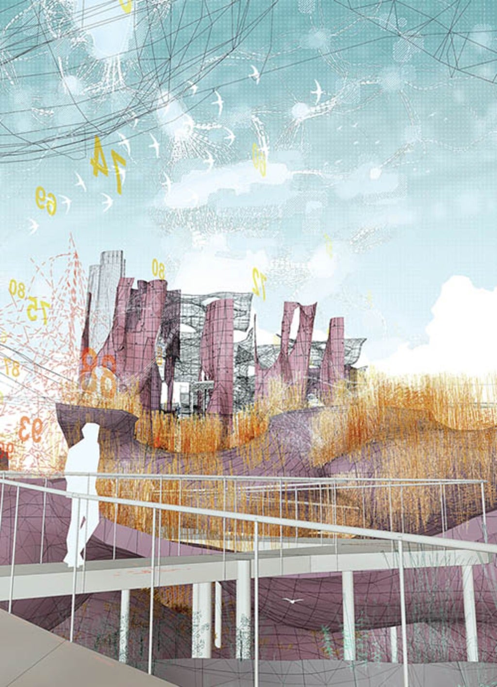 render: Artificial habitats include nesting boxes and planters for different types of vegetation, mounted on a timber scaffold