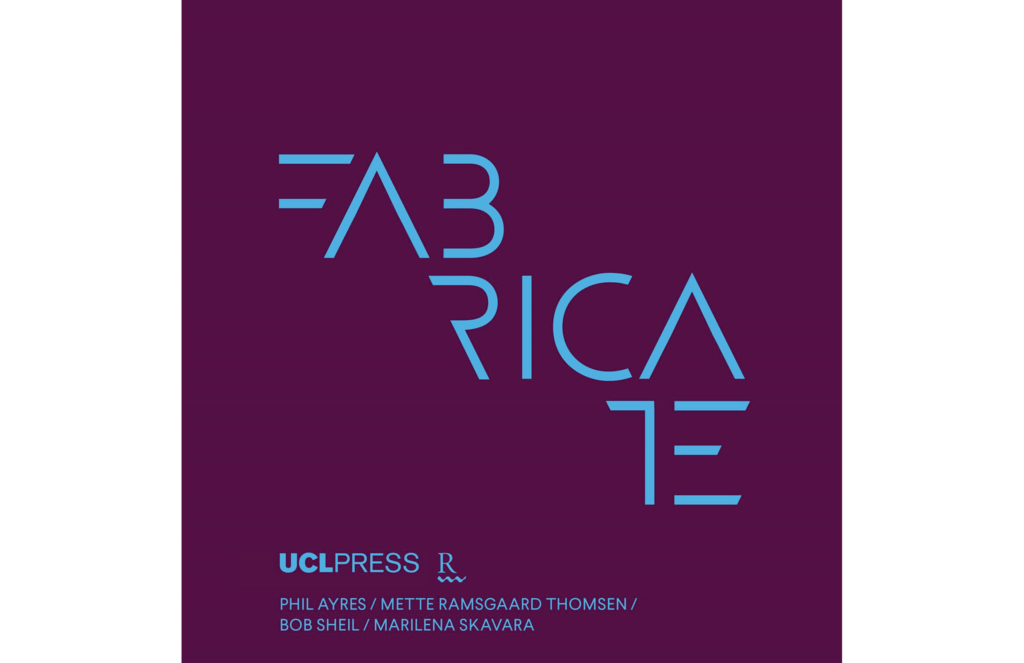 book cover, the word fabricate in stylized blue text on a purple background