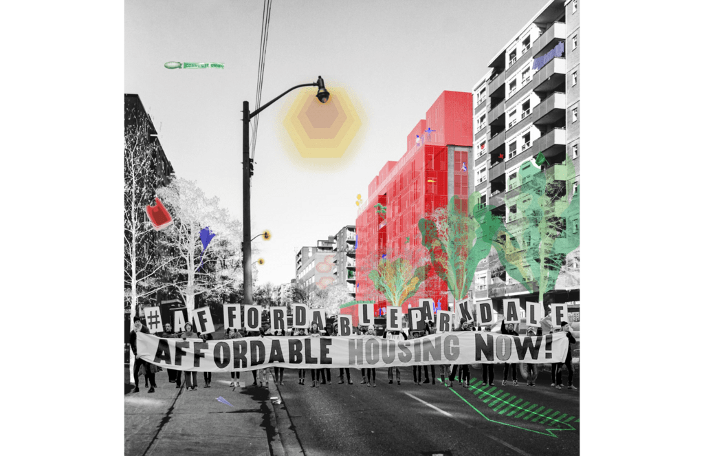 A street perspective view of an apartment building on Jameson Ave., Toronto with new housing additions superimposed in red, with activists in the foreground calling for new affordable housing now.