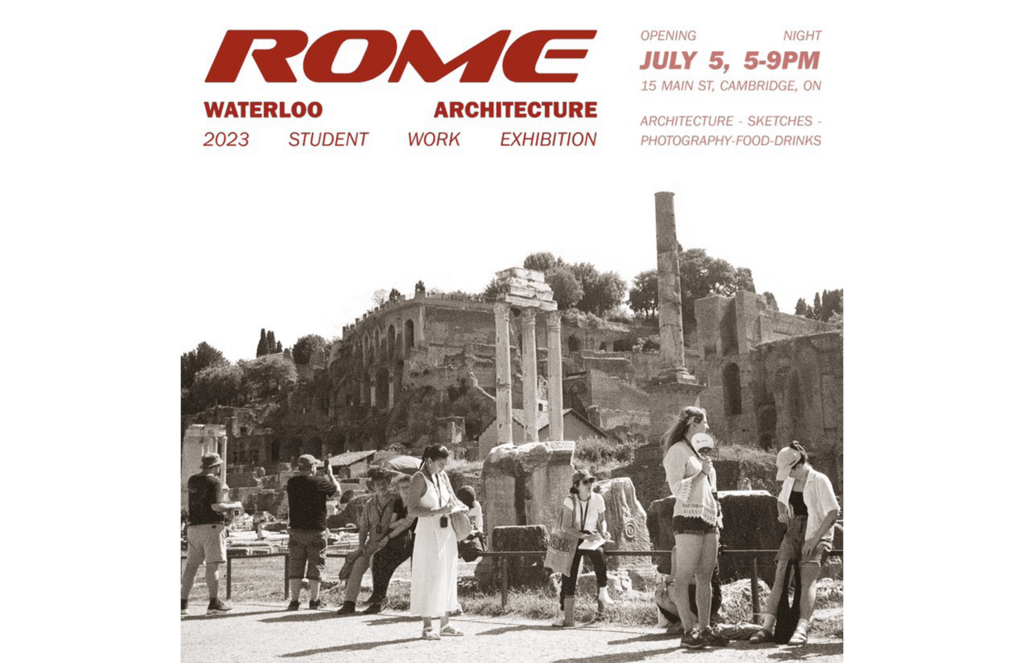 event poster, black and white image of students in front of roman ruins
