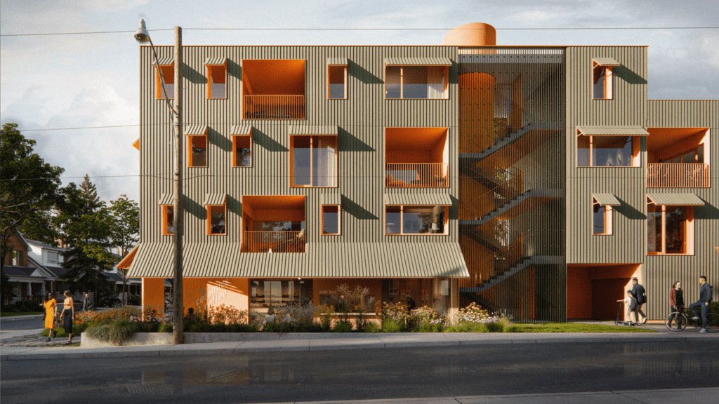view across the street of a three story building with orange trim