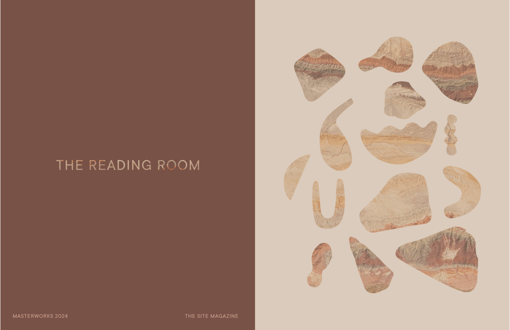 text, the reading room in beige on a brown square