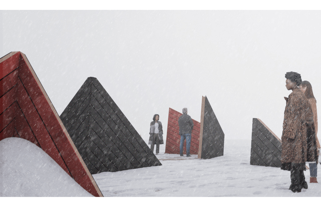 architectural rendering of people walking through an architectural installation in the winter
