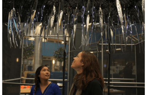 thesis image Adrian Chiu: two women looking up at an installation of metallic streamers on the ceiling
