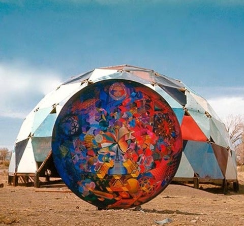 Geodesic dome with digital model superimposed
