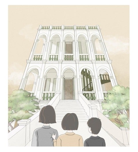 illustration of three people standing at a long wide staircase leading to a building