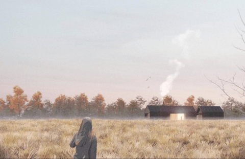Person standing in a grassy field facing three small dark-roofed houses with smoke rising, set against a backdrop of autumn trees and a pale sky
