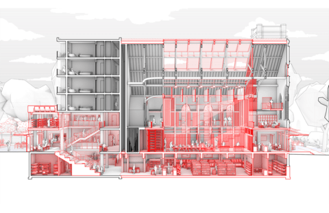 architectural drawing of the cross section of a four story building, illustrated in black and white with red highlights
