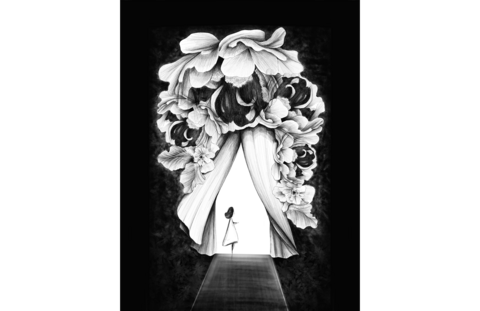 Thesis image: Monica Bulos, an illustration of a female figure in front of an open curtain made of flowers