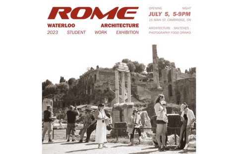 event poster, black and white image of students in front of roman ruins