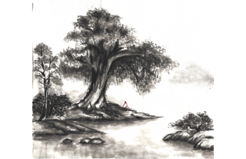 Thesis image: Selina Deng, a black and white illustration of a person sitting under a large tree