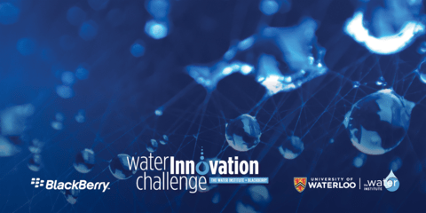 water droplets with balckberry, water innovation challenge and water institute logos