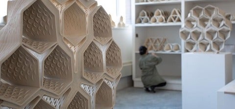 3d printed clay modules stacked in the print studio
