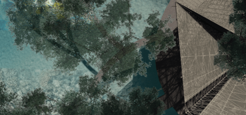 overhead view of forest and building