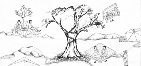 illustration of gathering around a tree