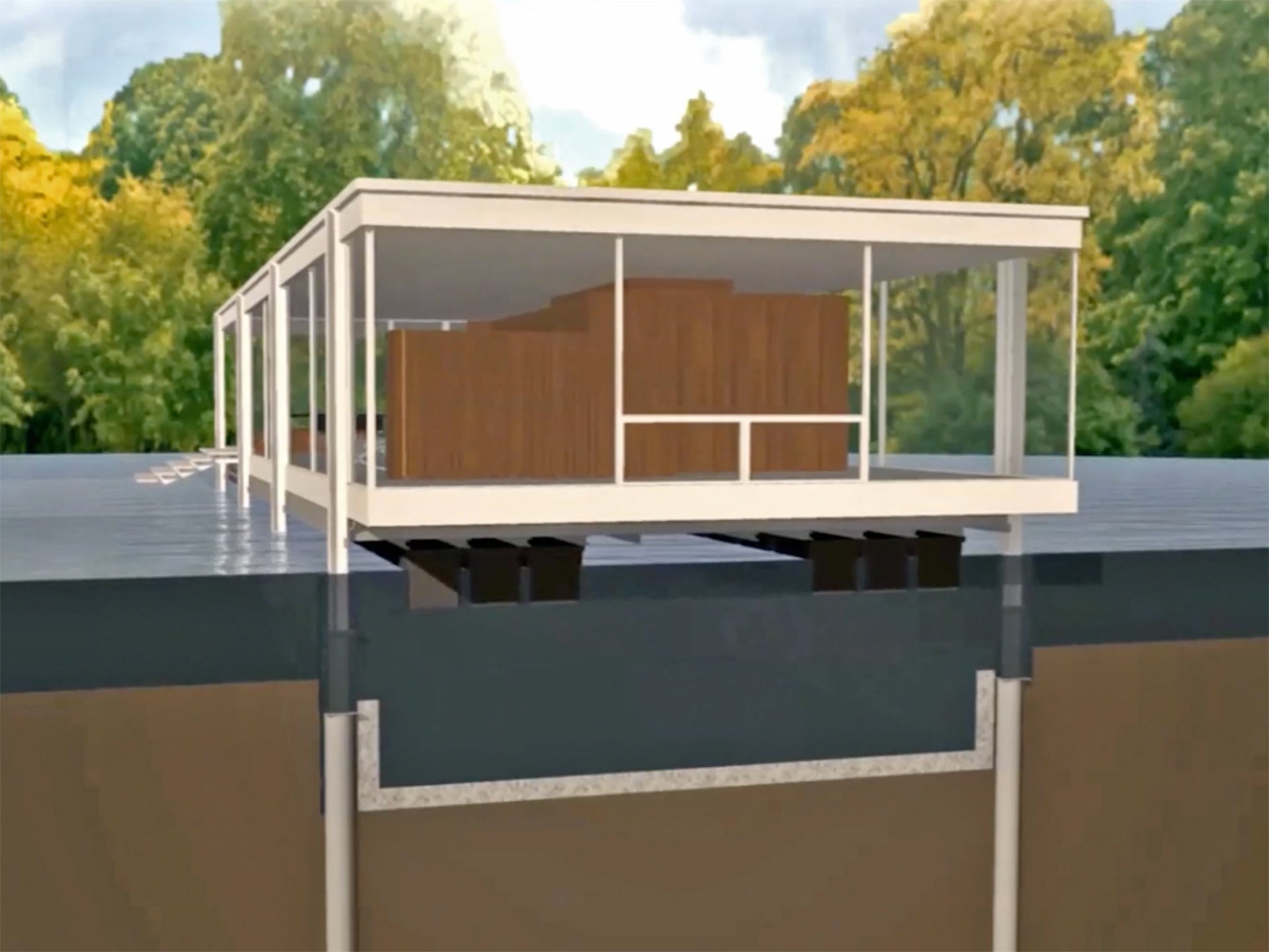 Amphibious retrofit system as applied to the Farnsworth House by Ludwig Mies van der Rohe (frame from animation) 