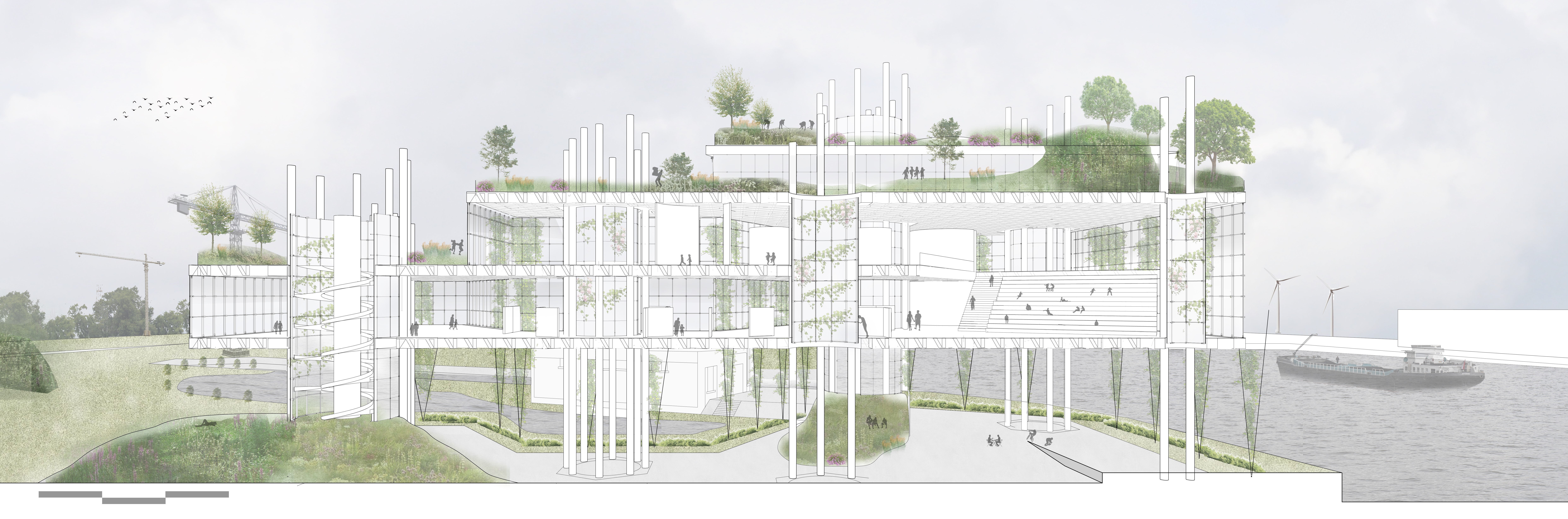architectural perspective drawing of the side view of a multi story building