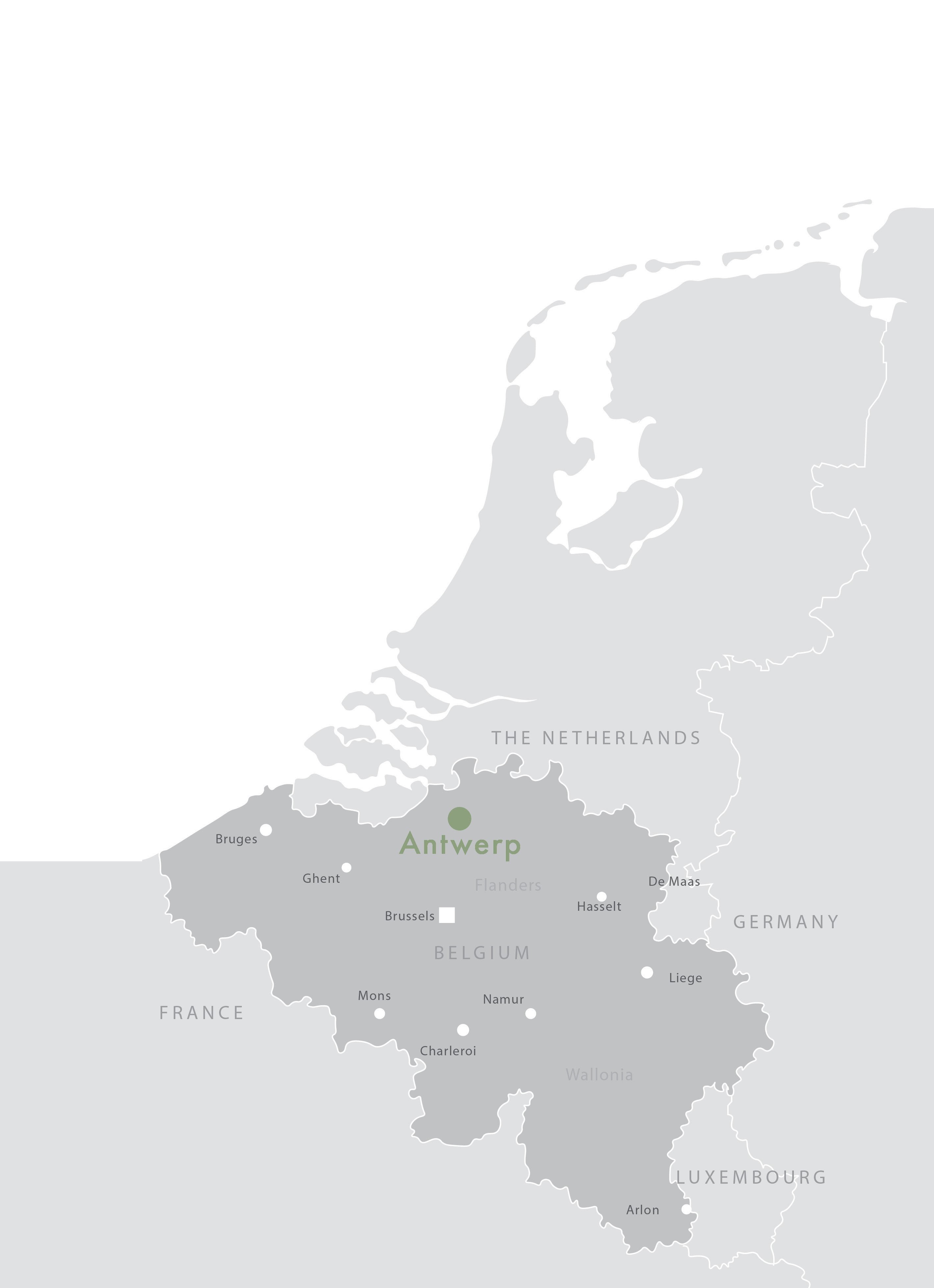 map of the Benelux area of Europe highlighting the city Antwerp
