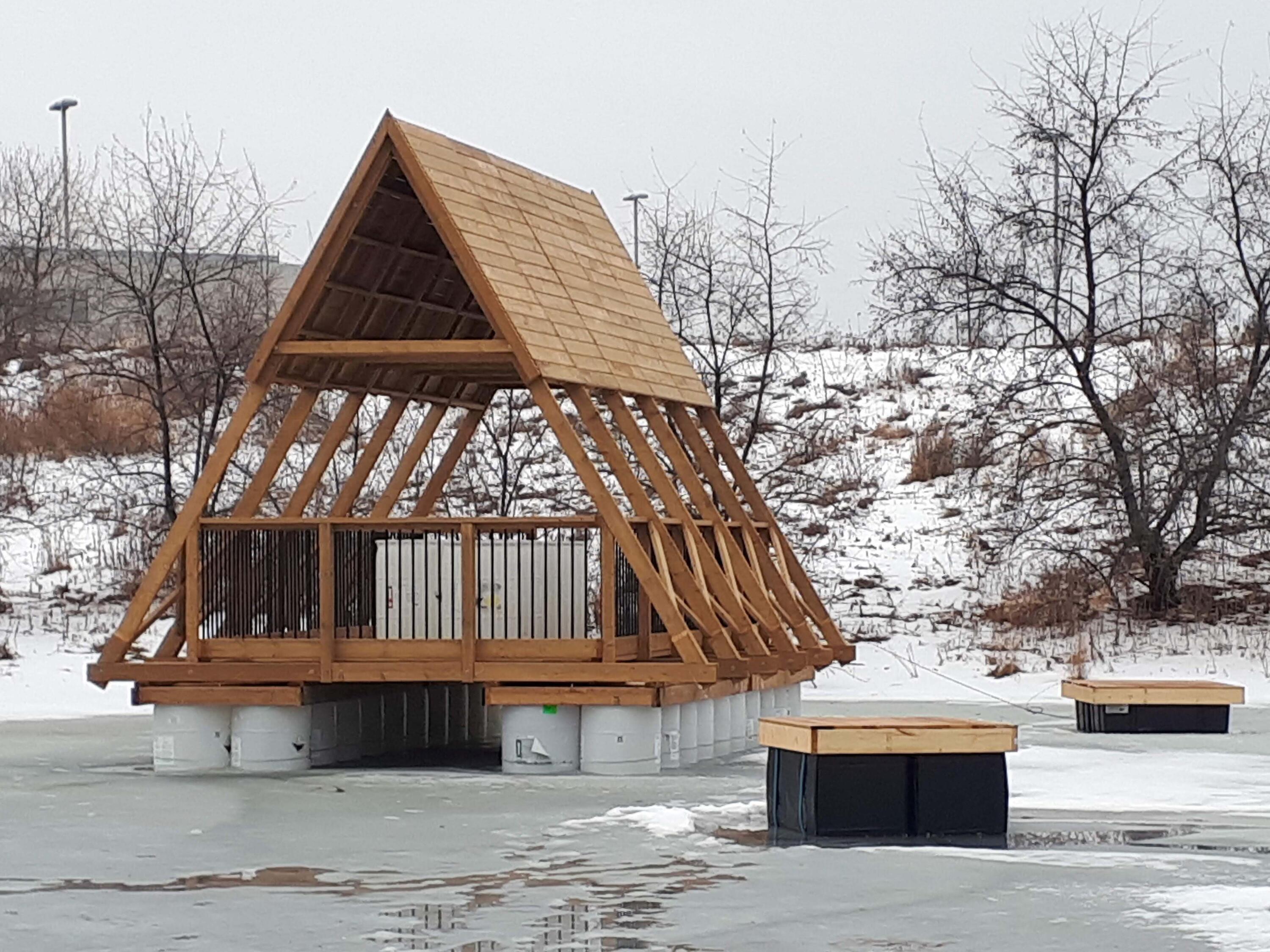 Testing the freeze-thaw response of the pavilion’s buoyancy materials in winter
