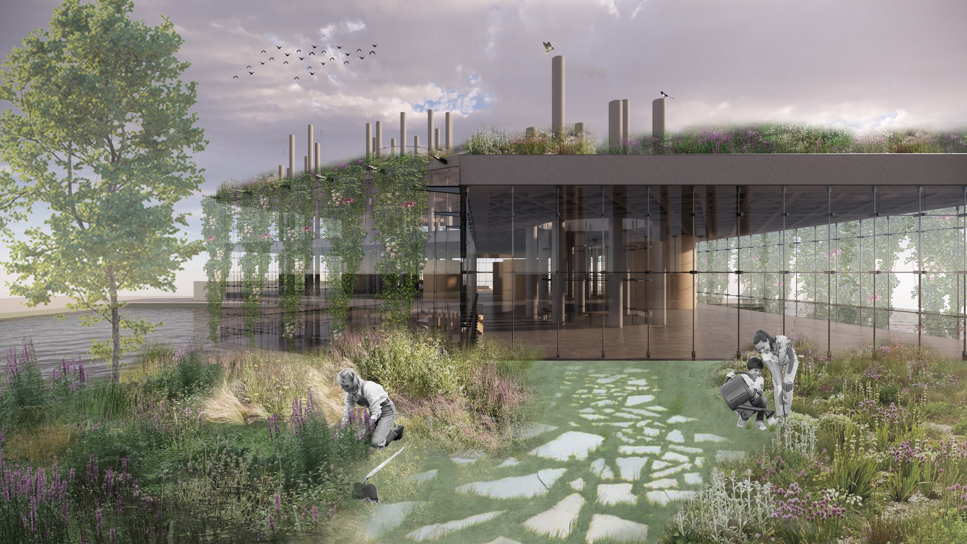 architectural rendering of the exterior of a building with a glass facade and plant life growing on the roof and cascading down the side of the structure