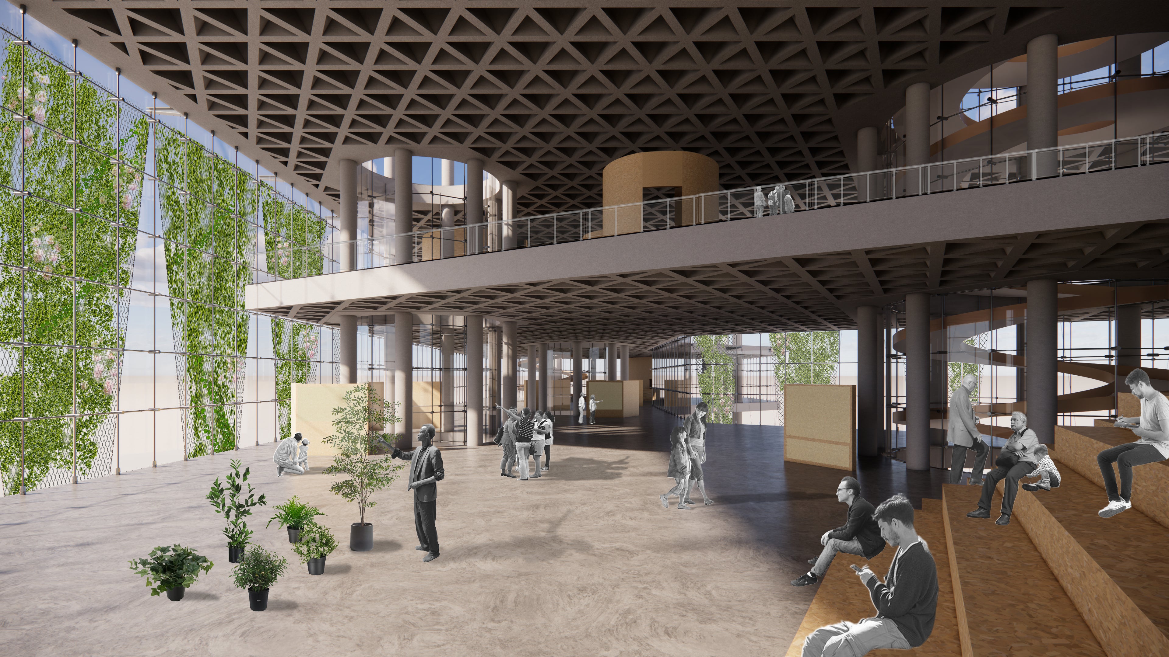 rendering of the interior of a building with a concrete mezzanine 