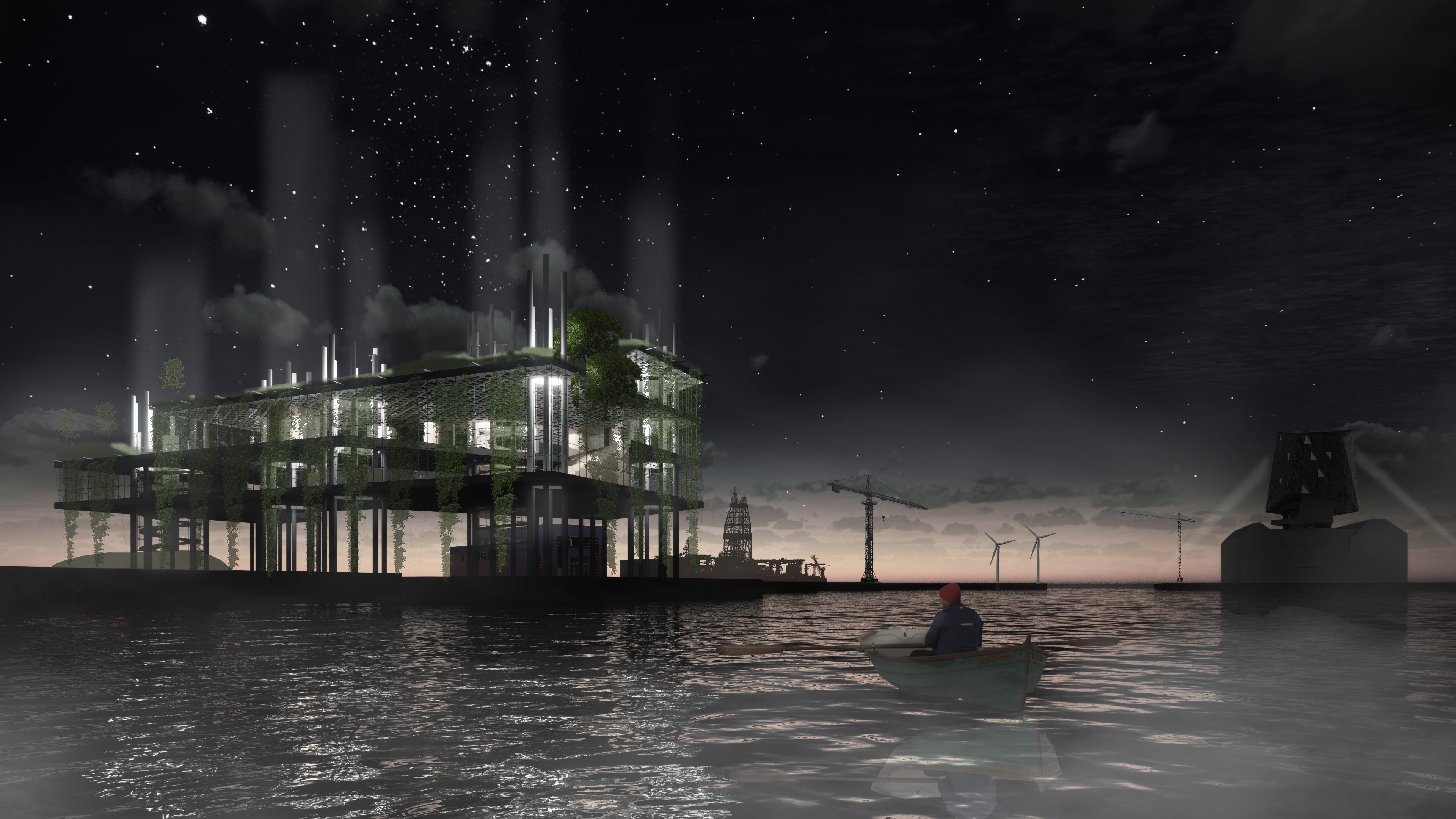 rendering of the exterior of a building on stilts near a harbour at night time