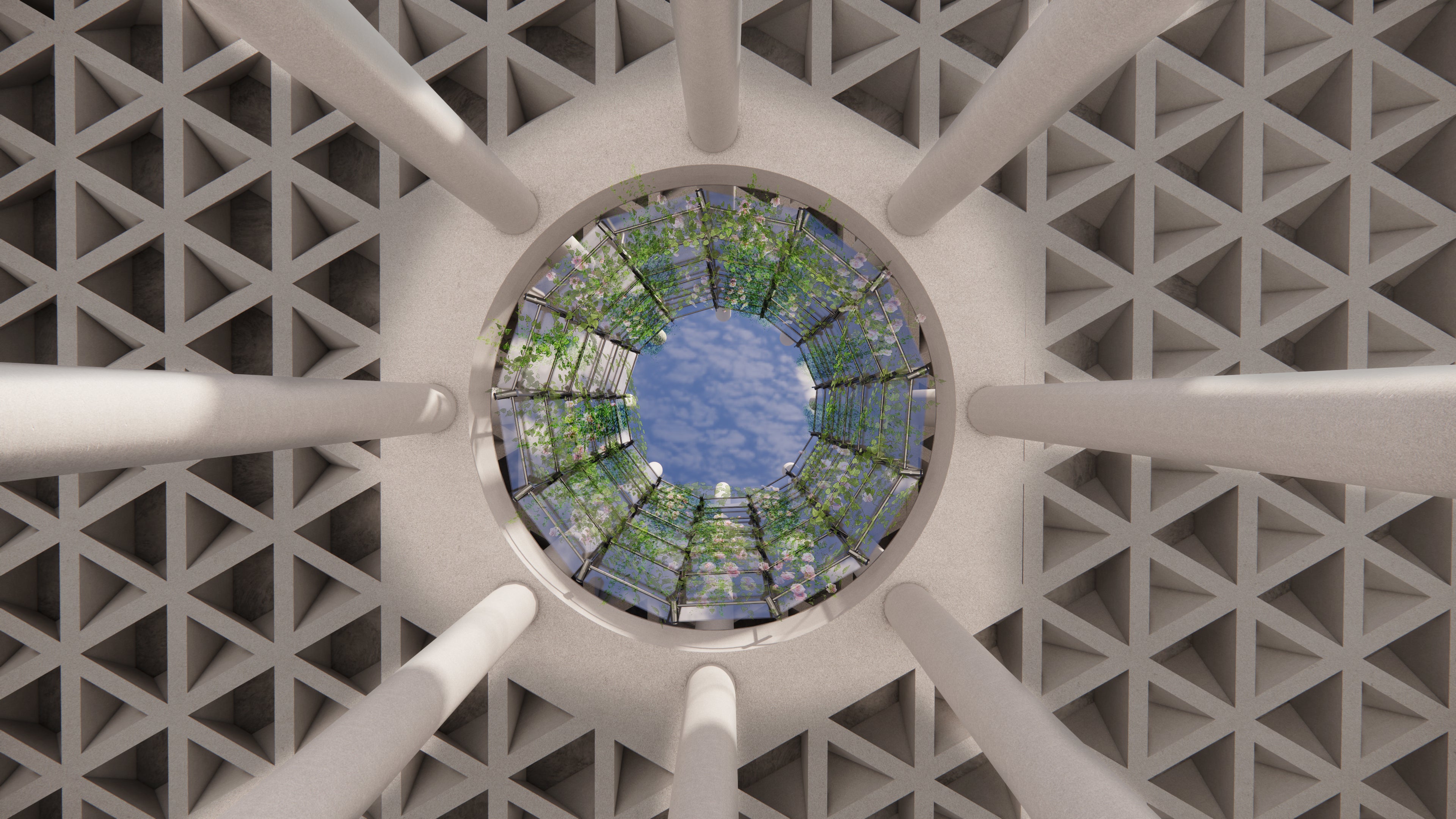 rendering of the interior of a hollow support column of a building with the sky at its peak