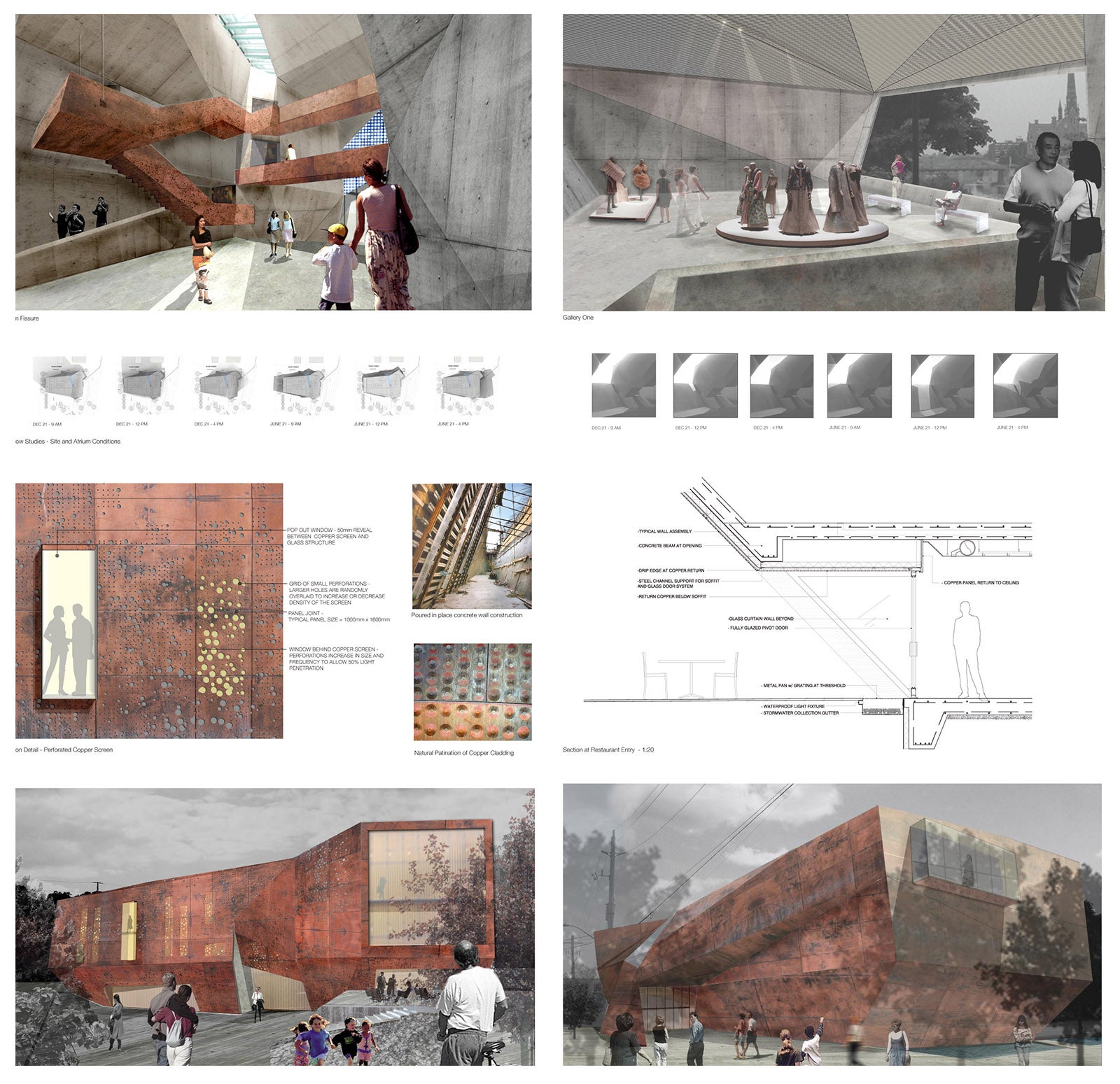 A presentation panel showcasing several interior and exterior renders, as well as material use images. 