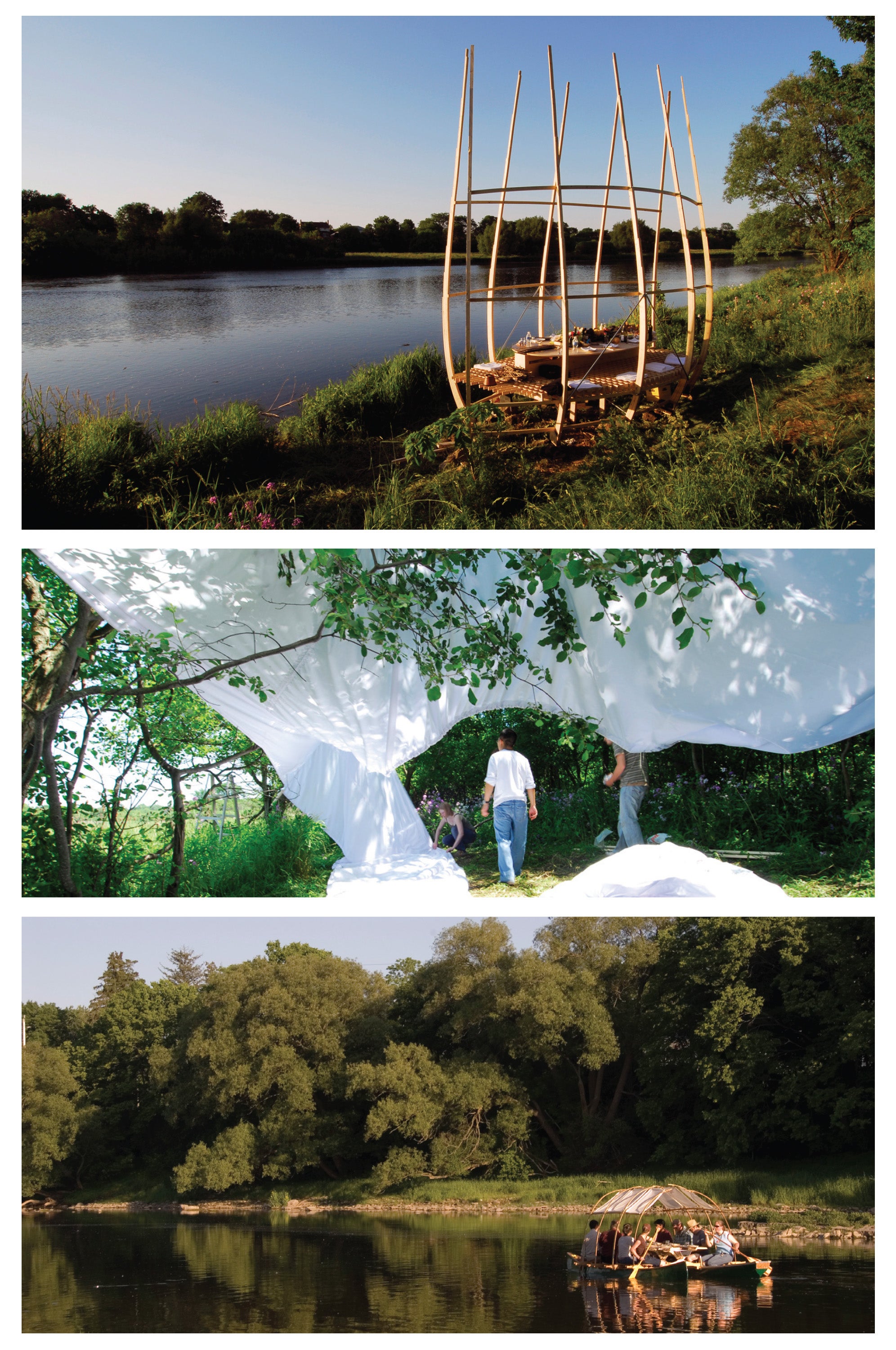 Several photographs of this student design and built floating picnic boat structure floating along a lake.