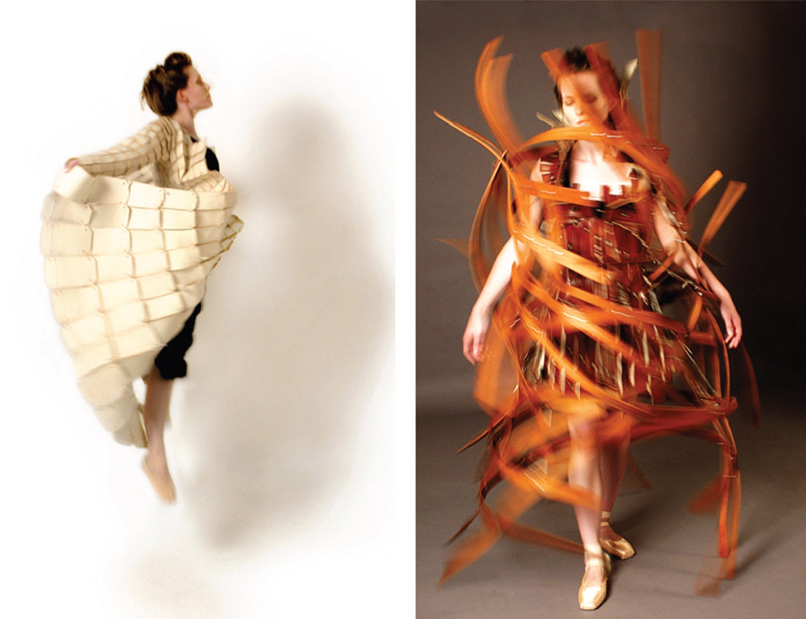 A photograph of a female model wearing a dress made of wood in motion.