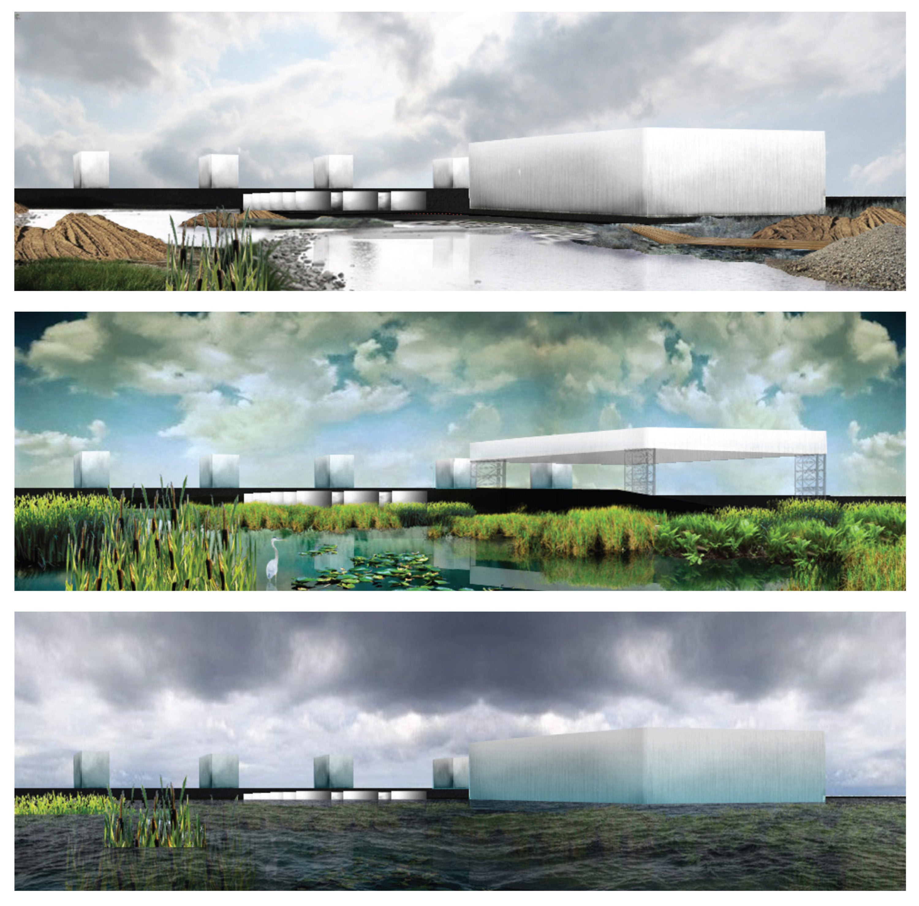Three rendered elevations of a building/site design. They each differ on the water level presented in the renderings.