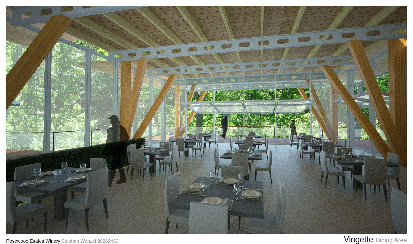 An interior render of a restaurant with floor to celling glazing on each wall. The view is of a forest outside.