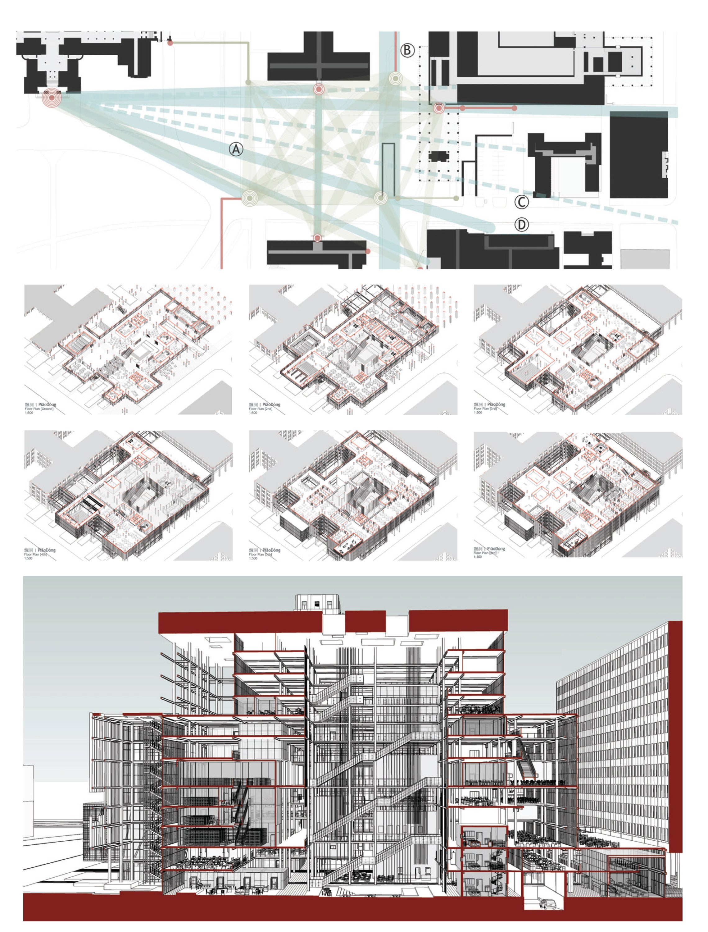 Several complex isometric drawings of a large urban complex. Also a very detailed perspective section cutted through the atrium.