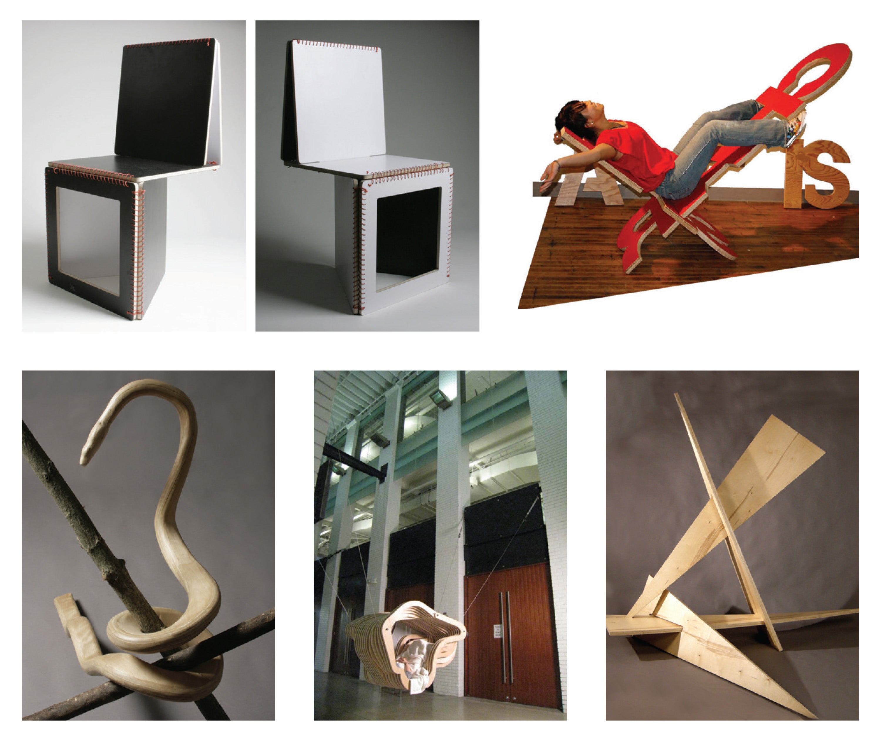 Several photographs of completed chair projects. Their designs vary from free forms to rectilinear shapes.