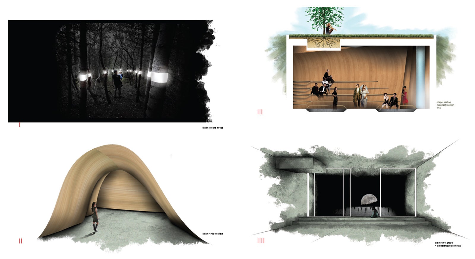 A presentation panel extract showcasing several night, day, and interior section renders of the building and surroundings.