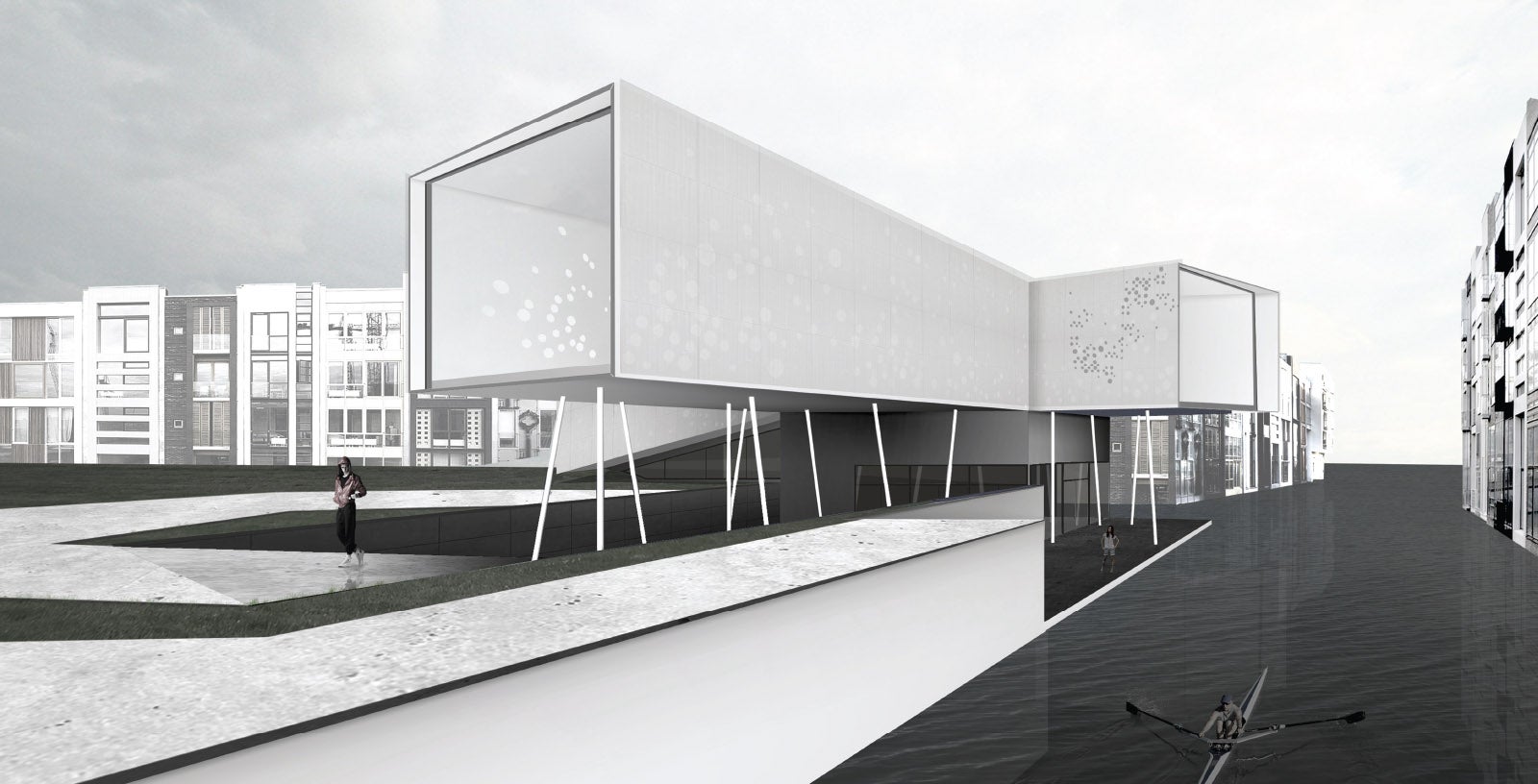 An exterior rendering of the project. It is a building created from box-like forms.
