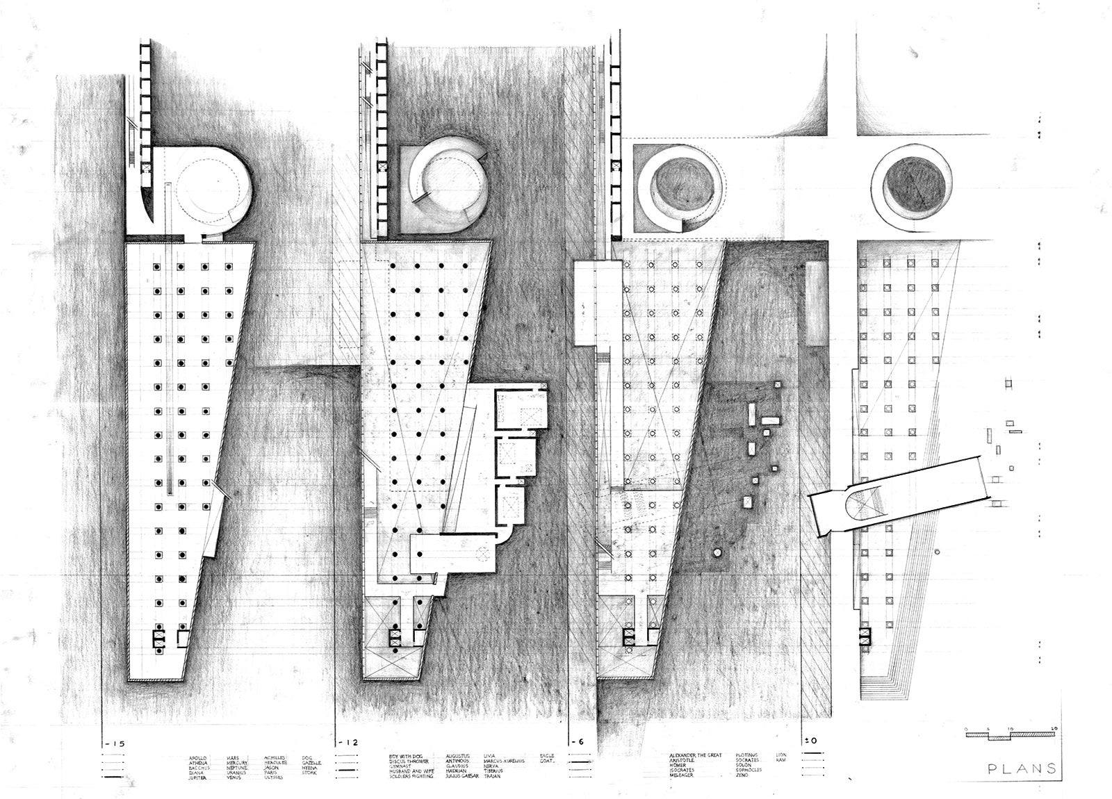 A pencil drafted and shaded plan of the structure.