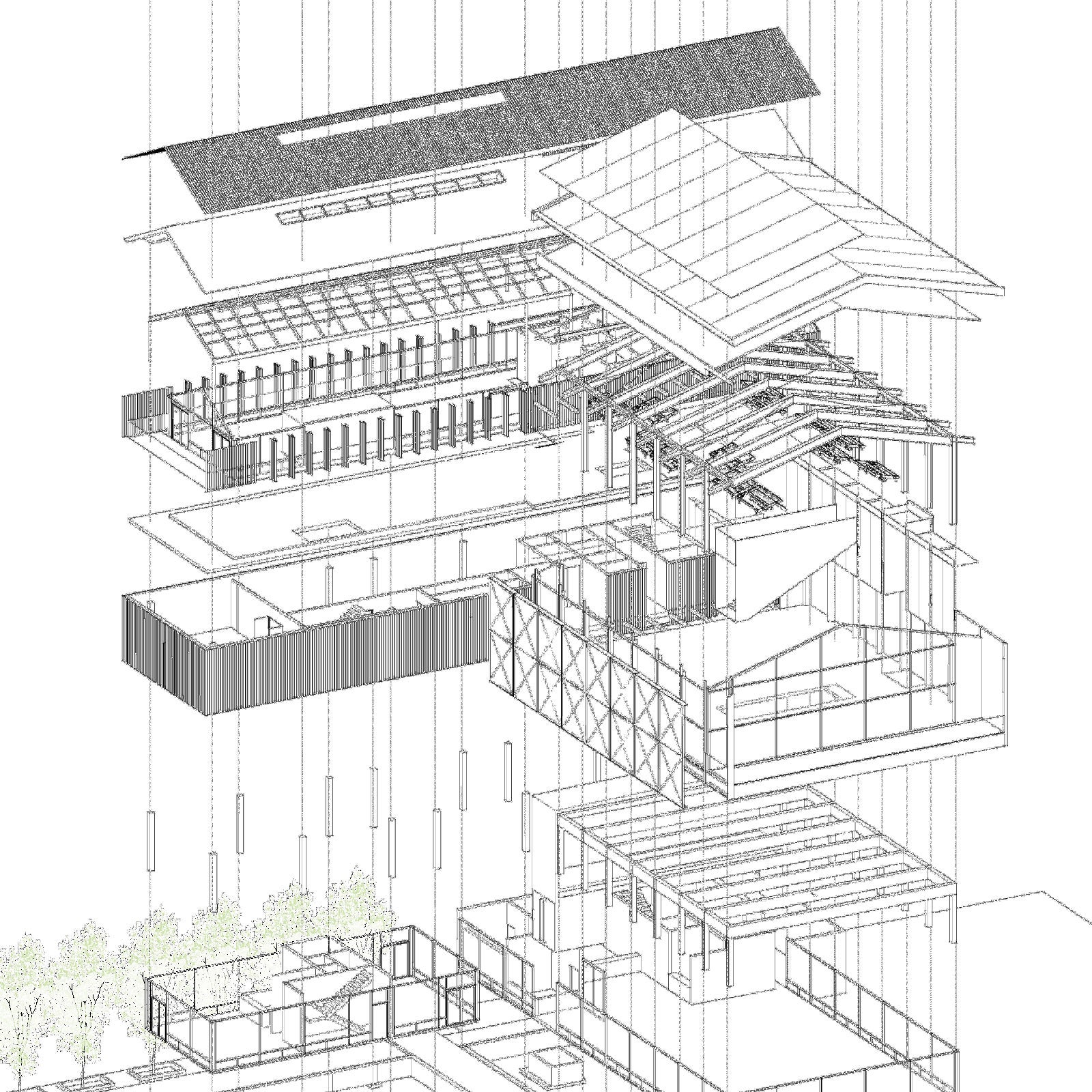 An exploded axonometric construction drawing of the pavilion.