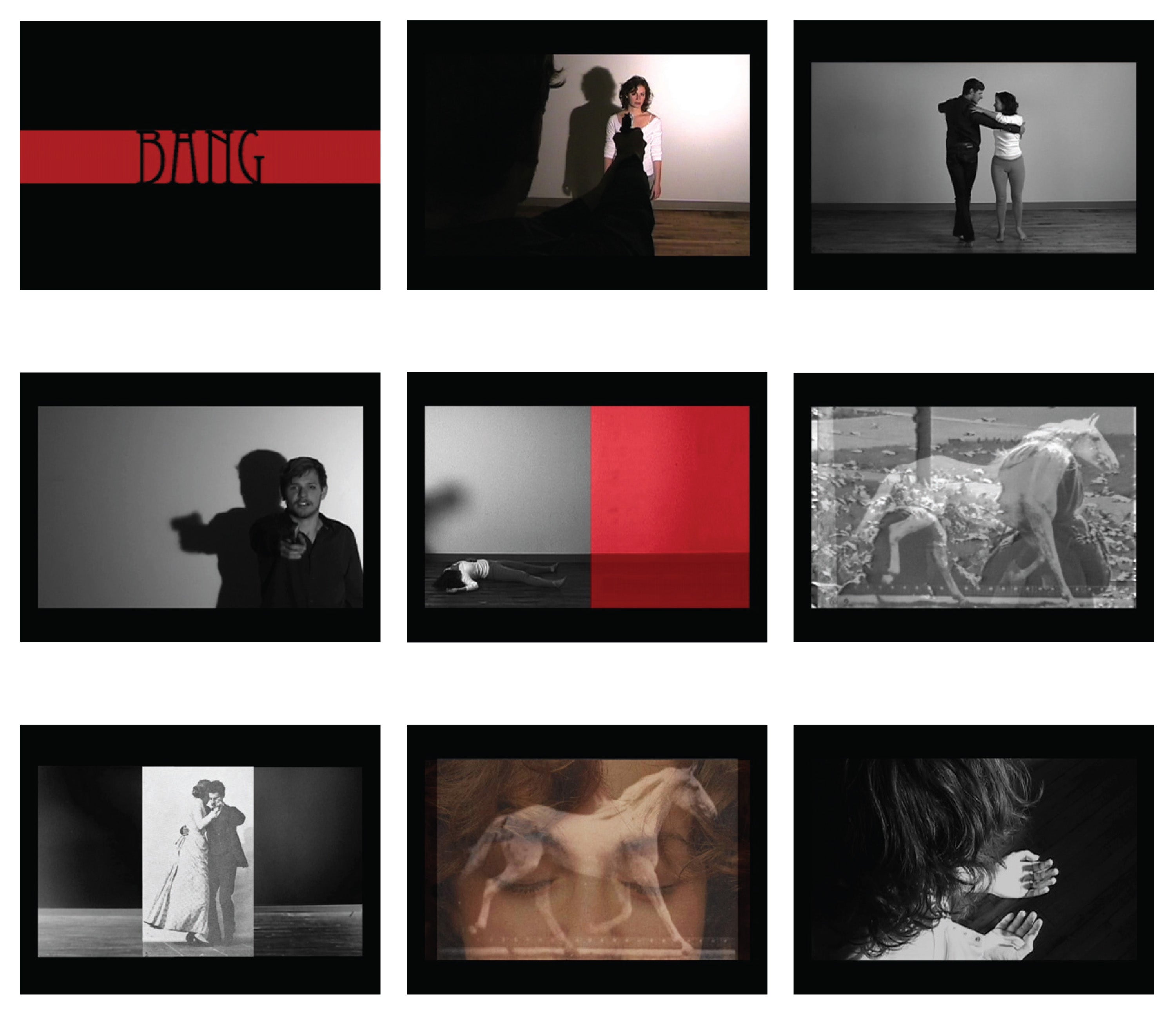 Several image stills of a film footage. These are mostly black, white and red images of two people, a horse, and texts.
